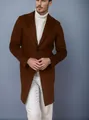 Elegant man wearing a premium brown mid-length wool coat over a white turtleneck - S / Tops / Brown