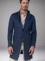 Elegant men's navy blue mid-length wool coat jacket shown on professional male model - S / Tops / Navy Blue