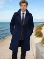 Sophisticated navy blue mid-length wool coat for men in a slim fit SKU variant - S / Tops / Navy Blue
