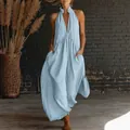 Summer light blue cotton linen sleeveless halter maxi dress with pockets and V-neck - S / Top And Bottom / Sky Blue