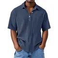 Close-up view of a men's navy blue textured crinkle fabric polo shirt with buttoned collar - S / Tops / Navy Blue