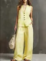 Detalle del conjunto de chaleco sin mangas y pantalón ancho de algodón y lino amarillo - S / Top Y Pantalón / Amarillo