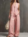 Conjunto casual de dos piezas de algodón y lino rosa con chaleco y pantalones anchos - S / Top Y Pantalón / Rosa