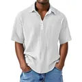 Close-up detail of white double-layer crepe fabric on a men's short sleeve polo shirt - White