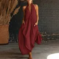 Full-length view of a burgundy sleeveless cotton linen maxi dress with stand collar and pockets - S / Top And Bottom / Burgundy