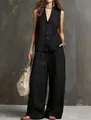 Vista completa del conjunto de dos piezas de chaleco sin mangas y pantalón ancho negro para mujer. - S / Top Y Pantalón / Negro