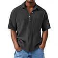 Detailed view of high-quality men's textured double-layer crepe short sleeve polo shirt - S / Tops / Black