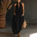 Summer sleeveless cotton linen maxi dress with stand collar and pockets in solid black. - S / Top And Bottom / Black