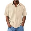 Detail view of men's beige double-layer crepe polo shirt with textured vertical stripes - Apricot