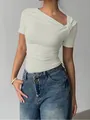 Detail of women's off-shoulder short sleeve T-shirt with twisted knot neckline detail - S / Tops / White