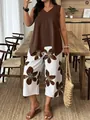 Elegant sleeveless brown top and large floral print 7-point pants set shown in a room - S / Top And Bottom (WYH001) / Brown