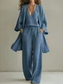 Elegant blue 3-piece women's outfit with cardigan, tank top and wide-leg trousers - S / Top And Bottom / Blue