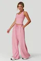 Pink two-piece lounge set with V-neck halter top and wide-leg drawstring pants - S / Top And Bottom / Pink