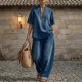 Set 2 pezzi in denim blu con top con scollo a V e pantaloni larghi casual minimal - Taglia S / Top E Pantaloni / Blu