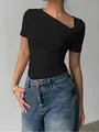 Elegant black asymmetrical off-shoulder short sleeve t-shirt for women in slim fit - S / Tops / Black