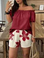 Chic women summer 2-piece set featuring off-the-shoulder red top and floral shorts - S / Top And Bottom / Rose Red