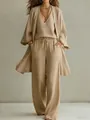 Elegant beige three-piece linen set with cardigan, camisole, and wide-leg trousers - S / Top And Bottom / Khaki