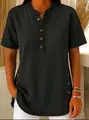 Close-up of casual black denim short sleeve t-shirt with button neckline details. - S / Tops / Black