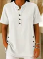Women's white denim short sleeve t-shirt with button details and round neck for casual wear. - S / Tops / White