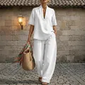 Completo due pezzi in denim bianco casual con top scollo a V e pantaloni a gamba larga - Taglia S / Top E Pantaloni / Bianco