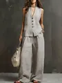 Elegantes Set aus ärmelloser Leinenweste und weiten Hosen für Damen - Hellgrau