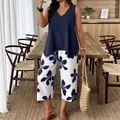 Women's casual navy blue sleeveless V-neck top and floral print cropped pants set - S / Top And Bottom (WYH001) / Navy Blue