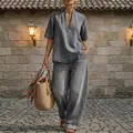 Completo due pezzi in denim grigio da donna con top ampio e pantaloni larghi estivi. - Taglia S / Top E Pantaloni / Grigio