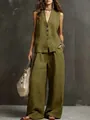 Olivgrünes Leinen-Zweiteiler-Set mit ärmelloser Weste und weiter Hose für Damen - Armeegrün