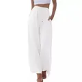High-waisted women's white linen wide-leg trousers featuring a drawstring waist detail. - White