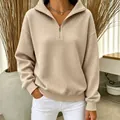 Sweat-shirt beige décontracté en maille gaufrée avec demi-zip pour l'automne et l'hiver - Kaki