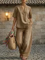 Completo due pezzi in denim kaki minimalista con top ampio e pantaloni a gamba larga - Kaki