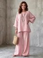 Elegant pink cotton linen blend loose blouse and wide leg pants set for women - Pink