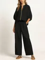 Casual black two-piece set with zip-up top and loose wide-leg trousers for women in spring - S / Top And Bottom / Black