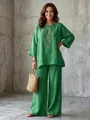 Elegant green cotton linen two-piece set featuring loose top and wide-leg trousers outfit - Green