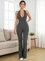 Elegant charcoal grey halter neck jumpsuit with deep V-neck and flared leg design - S / Top And Bottom / Dark Gray