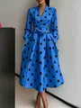 Elegant blue long sleeve maxi dress with black polka dots in retro Hepburn style - Blue