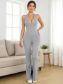 Slim fit grey halter neck jumpsuit with deep V-neck design for sports and yoga - S / Top And Bottom / Light Gray