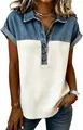 Gedetailleerde weergave van patchwork poloshirt voor dames met denim kraag en knopen - S / Tops / Wit