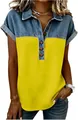 Gedetailleerd overzicht van geel en denim patchwork poloshirt voor dames korte mouwen - S / Tops / Geel