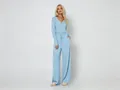 Full view of light blue ribbed knit lounge set featuring button-up top and wide-leg pants. - S / Top And Bottom / Sky Blue