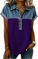 Détail d'un polo décontracté pour femme avec tissu violet et col en jean épissé. - Violet