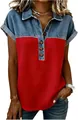 Detail van dames poloshirt met korte mouwen, denim patchwork en knoopsluiting - S / Tops / Rood