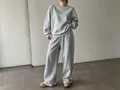 Minimalist grey two-piece sweatshirt and wide-leg sweatpants loungewear set for women - S / Top And Bottom / Gray