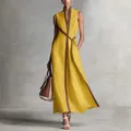 Elegantes gelbes ärmelloses Leinenkleid mit V-Ausschnitt und braunem Kontrastbesatz - S / Oberteil und Hose / Gelb