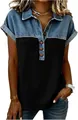 Vooraanzicht van een stijlvol dames poloshirt met korte mouwen, denim patchwork en zwarte basis - S / Tops / Zwart