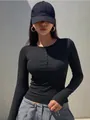 Women's slim fit black ribbed long sleeve henley knit top for autumn and winter - XS / Top (FY696) / Black