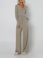 Cozy two-piece ribbed knit loungewear set with long sleeve top and wide leg pants. - S / Top And Bottom / Light Gray