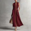 Elegantes ärmelloses Baumwoll-Leinen-Kleid mit V-Ausschnitt und Kontrastbesatz. - S / Oberteil und Hose / Burgunderrot