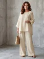 Elegant beige cotton-linen two-piece set with loose tunic and wide-leg trousers - S / Top And Bottom / Apricot