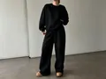 Casual black two-piece sweatshirt and wide-leg sweatpants set for women - S / Top And Bottom / Black